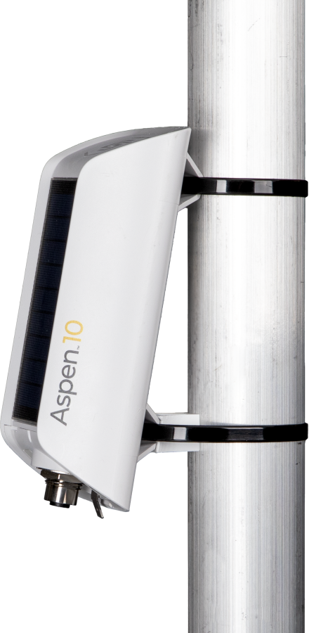 A Campbell Scientific Aspen 10 edge device mounted to a pole.